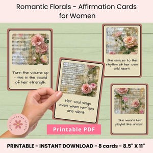 Tarjeta imprimible de afirmación romántica botánica, baraja mágica de amor propio, inspiración diaria caprichosa para mentalidad y manifestación, nota para mujeres