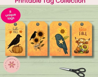 Rustic Harvest Printable Tags, Hello Fall Crow Collage Sheets for Junk Journals,  Autumn Leaf Gift Tag, ATC Journal Cards Scrapbook Ephemera