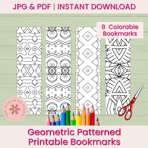 May include: Geometric patterned printable bookmarks with intricate black and white designs. The image includes colored pencils, scissors, and text that reads "JPG & PDF | INSTANT DOWNLOAD" and "8 Colorable Bookmarks". The bottom text says "Geometric Patterned Printable Bookmarks".
