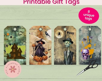 Halloween Printable Tags, Bold Spooky Vibes Party Favor Tag, Halloween Trick or Treat Bags, Black Cat Gift Tags, Junk Journal Collage Sheet