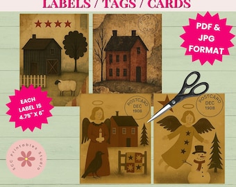 Primitive Americana Printable Postcards, Saltbbox House, Crows, Quilts & Sheep Collage Sheets for Junk Journals, Scrapbooking Ephemera