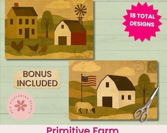 Primitive Americana Labels, Printable Farm Scene Prim Tags, Saltbox House, Barn, Sheep, Collage Sheet for Junk Journal, BONUS Torn Papers