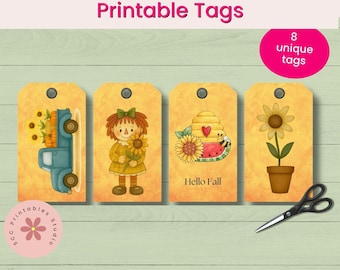 Hello Fall Harvest Printable Gift Tags, Crows, Annies, Sunflowers, Pumpkins Collage Sheet for Junk Journals, Scrapbooking & Paper Crafting