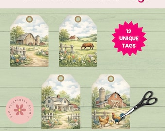 Vintage Farmhouse Printable Gift Tags, Horses, Barns, Chickens Collage Sheets for Junk Journals, Scrapbooking, and Paper Crafting
