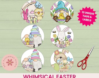 Easter Tags, Printable Easter Treat Labels, Chicks, Bunnies, Gnomes, Colored Eggs, Party Favors for Kids, Junk Journal Printable Ephemera