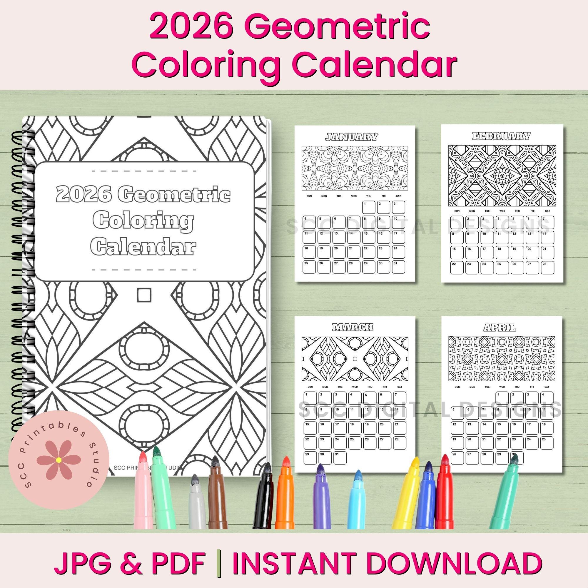 Printable Coloring Calendar, 2026 Dated Geometric Monthly, Bonus