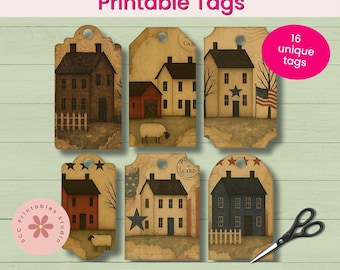 Primitive Postcards Printable Gift Tags, Prim Americana Printable Collage Sheets for Junk Journals, Scrapbooking, Paper Crafting Ephemera