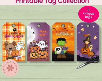 Halloween Printable Tags, Pumpkin Pals Trick Or Treat Favor Tags, Ghost Halloween Party Collage Sheet, Halloween Treat Bags for Kids