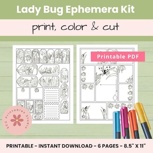 Pode incluir: Kit de efêmeras de joaninha imprimível com 6 páginas de ilustrações em preto e branco para colorir e recortar. O kit inclui joaninhas, flores e folhas. O texto "Printable PDF" está em um retângulo rosa. O texto "PRINTABLE - INSTANT DOWNLOAD - 6 PAGES - 8.5" X 11" está na parte inferior da imagem.