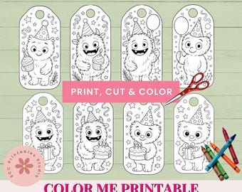 Kids Printable Coloring Gift Tags, Silly Monsters, Balloons and Cupcakes, Birthday Print Cut & Color Tags for Boys and Girls - 2 Sizes