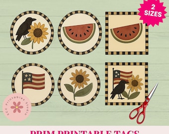 Primitive Americana Sheep, Crow, Saltbox Houses, Sunflowers Printable Gift Tags, Collage Sheet for Junk Journal, Scrapbooking Prim Labels