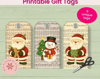 Christmas Printable Tags, Santa Holiday Gift Tag, Snowmen & Reindeer, Whimsical Christmas Stockings Labels, Christams Treat Bags for Kids
