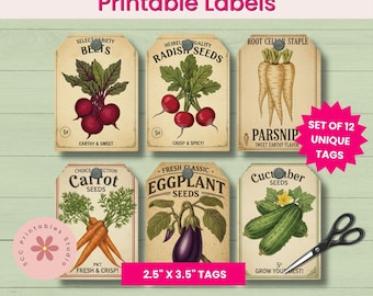 Vintage Seed Packets Ephemera Tags, Printable Veggie & Flowers Collage Sheet for Junk Journals, Scrapbooking, Paper Crafts