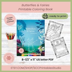 Butterflies and Fairies Adult Coloring Book, Printable Fantasy Coloring Pages for Teens, Instant Download Whimsical Butterfly Wings Coloring