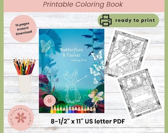 Butterflies and Fairies Adult Coloring Book, Printable Fantasy Coloring Pages for Teens, Instant Download Whimsical Butterfly Wings Coloring