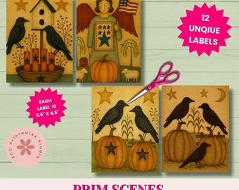 Primitive Farmhouse Scene Mini Prints, Americana Printable Collage Sheets, Saltbox House, Pumpkins, Sheep & Angels Junk Journal Art Cards
