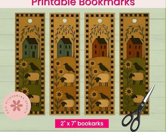 Primitive Americana Printable Bookmarks, Saltbox House, Crows, Sheep Collage Sheet, Folk Art Book Lover Gift, Prim Designs