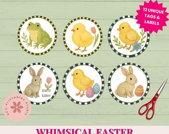 Easter Tags, Printable Easter Treat Labels, Chicks, Bunnies, Frogs, Colored Eggs, Party Favors for Kids, Junk Journal Printable Ephemera