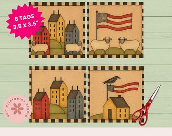 Primitive Americana Saltbox Houses, Sheep, Crow, Sunflowers Printable Gift Tags, Collage Sheet for Junk Journal, Scrapbooking Prim Labels