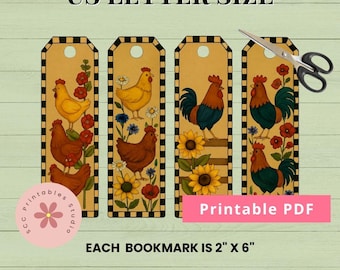 Primitive Americana Chickens Printable Bookmarks, Chicken Mama Collage Sheet, Folk Art Book Lover Gift, Chicken Lover Gift Prim Designs