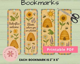 Spring Printable Bookmarks, Bee Hives, Frogs, Bumble Bees Bookmark Set, Gift for Book Club Ladies, Junk Journaling Cards, Book Lover Gift