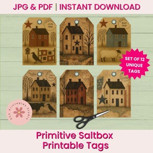 Puede incluir: Un conjunto de 12 etiquetas imprimibles de estilo primitivo saltbox. Cada etiqueta presenta una ilustración de estilo vintage de una casa, una estrella y otros elementos rústicos. Descarga instantánea.
