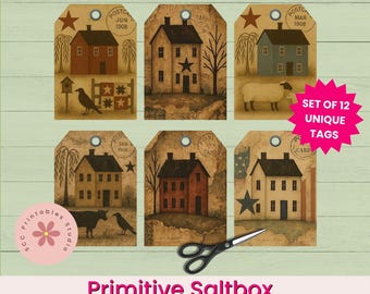 Prim Saltbox House Gift Tags, Primitive Americana Printable Collage Sheets for Junk Journals, Scrapbooking, Paper Crafting Ephemera