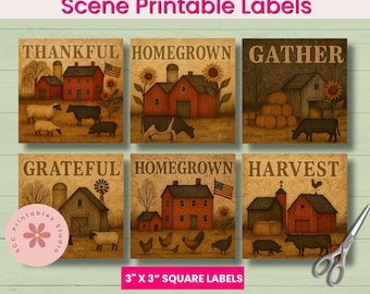Prim Folkart Americana Scene Printable Labels, Thankful, Blessings, Sheep, Cows, Saltbox Houses Primitive College Sheet for Junk Journals