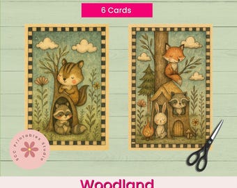 Woodland Printable Cards, Whimsical Woodland Forest Animals Collage Sheets, Digital Junk Journal Ephemera, 6 Designs 4x6 Inches