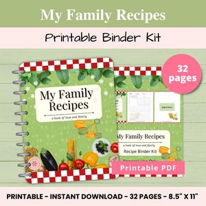 May include: Printable recipe binder kit with a green cover featuring a red and white checkered border, a green background with white snowflakes, and a title that reads "My Family Recipes: A book of love and family". The cover also includes images of measuring cups, pasta, eggplant, tomatoes, yellow peppers, and basil. The kit includes 32 pages and is 8.5 inches by 11 inches.