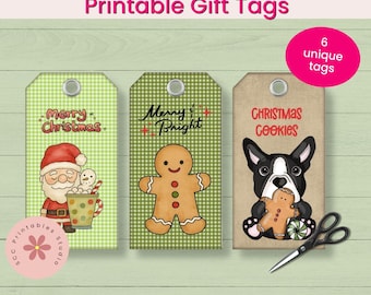 Printable Christmas Gift Tags, Santa Reindeer Snowman, Boston Terriers Holiday Tags, Colorful Holiday Tags, Holiday Gift Tag