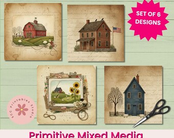 Primitive Mixed Media Cards Set #2, Printable Ephemera Junk Journal Supply, Saltbox House, Sheep, Crows, Buttons, Prim Art Collage Note Card
