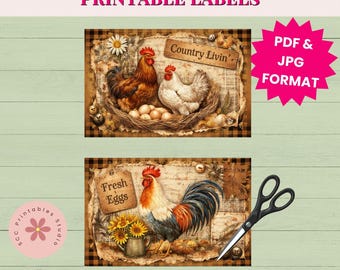 Folk-Art Chickens Printable Label, Primitive Junk Journal Ephemera, Farmhouse, Country Living, Farm Fresh Collage Sheet, Scrapbook Supplies