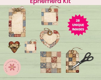 Quilted Farmhouse Ephemera Kit, Rustic Americana Printable Tags, Country Farmhouse Style Junk Journal, Scrapbook & Paper Crafting Supplies