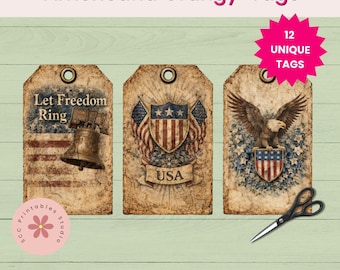 Primitive Americana Printable Gift Tags, Flags & Eagles Collage Sheet for Junk Journals, Scrapbooking, Paper Crafting Ephemera