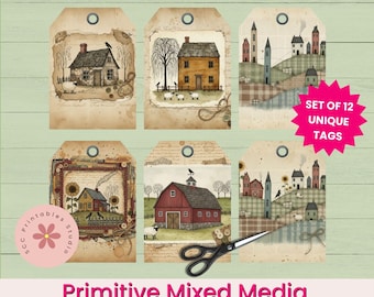 Primitive Mixed Media Printable Gift Tags, Americana Folk-Art Saltbox House, Sheep & Crows Collage Sheet for Junk Journals, Scrapbooking