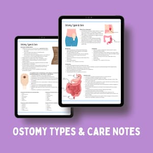 Puede incluir: Dos páginas de una guía sobre los tipos de ostomías y el cuidado. La guía incluye ilustraciones de diferentes tipos de ostomías, así como información sobre qué es una ostomía, las consideraciones de enfermería y el cuidado de la ostomía. La guía también incluye una lista de alimentos que comúnmente causan gases, diarrea y estreñimiento.