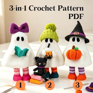May include: A 3-in-1 crochet pattern PDF featuring three white ghost dolls. One ghost wears a purple bow and holds a teal book, one wears a green pom-pom hat and holds a boba drink, and one wears a black witch hat and holds an orange pumpkin.
