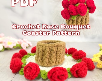PDF PATTERN ONLY Crochet Rose Bouquet Coaster Pattern, Crochet Rose Blanket Pattern, Flower Blanket Tutorial With Video, Coaster Plant Pot