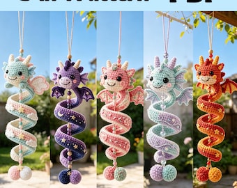May include: A 5-in-1 PDF pattern for five crocheted hanging dragon ornaments. Each dragon features a spiralling body, wings, and a central beaded string ending in two pom-poms. The dragons are coloured light blue, purple, pink, lavender, and orange.