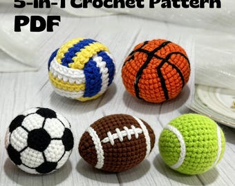 5-in -1 Crochet Ball Pattern, Football, Soccer, Basketball, Tennis, Volleyball Pattern, PDF Download, Beginner Friendly