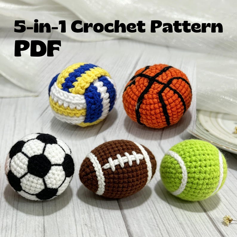 5-in -1 Crochet Ball Pattern, Football, Soccer, Basketball, Tennis, Volleyball Pattern, PDF Download, Beginner Friendly, Christmas Gift image 1