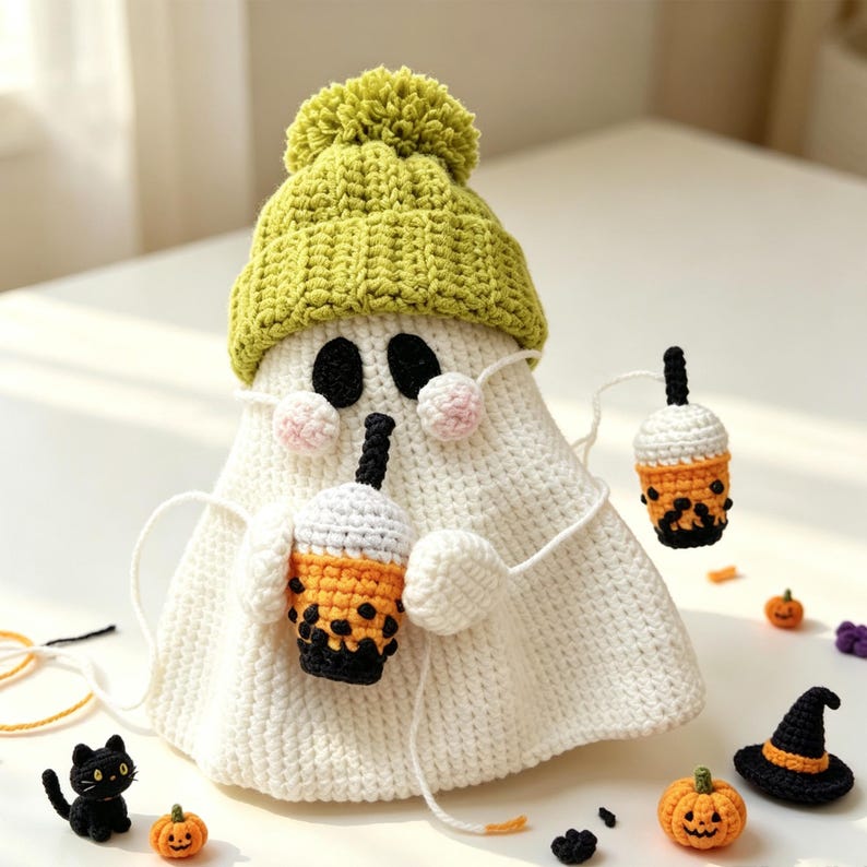 May include: A white crocheted ghost figure wearing a lime green knit beanie with a pom-pom. The ghost has black oval eyes, pink cheeks, and holds a crocheted orange and white boba tea cup, with a matching smaller boba tea charm attached by a string.