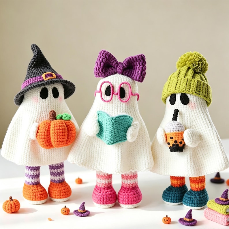 May include: Three crocheted ghost dolls with white bodies. The left ghost wears a black witch hat and holds an orange pumpkin. The middle ghost has a purple bow, pink glasses, and holds a teal book. The right ghost wears a green beanie and holds a boba tea.