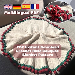 PDF NUR Häkeldecke mit Rosenstrauß, inklusive Video-Anleitung, flauschige verzauberte Decke, Blumendecke, mehrsprachig