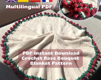 PDF PATTERN ONLY Crochet Rose Bouquet Blanket Pattern, Video Tutorial Included, Fluffy Enchanted Blanket, Flower Blanket, Multilingual