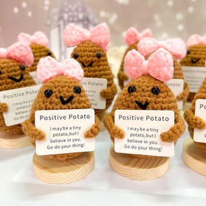 May include: A group of small crocheted potato figurines with pink bows holding signs that say "Positive Potato" and "I may be a tiny potato, but I believe in you. Go do your thing!"