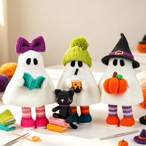 May include: Three white crochet ghost dolls with black eyes and pink cheeks. One wears a purple bow, one a lime green pom-pom hat holding a boba drink, and one a black witch hat holding an orange pumpkin. A small black cat sits on books.