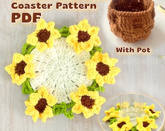 PDF PATTERN ONLY Crochet Sunflower Coaster Pattern, Sunflower Pattern, Sunflower Coaster, Video Tutorial Included, Floral Coaster Plant Pot