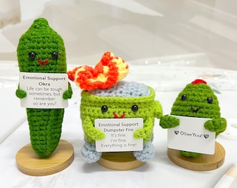 Crochet Dumpster Fire, Okra, Olive: Emotional Support Desk Decor